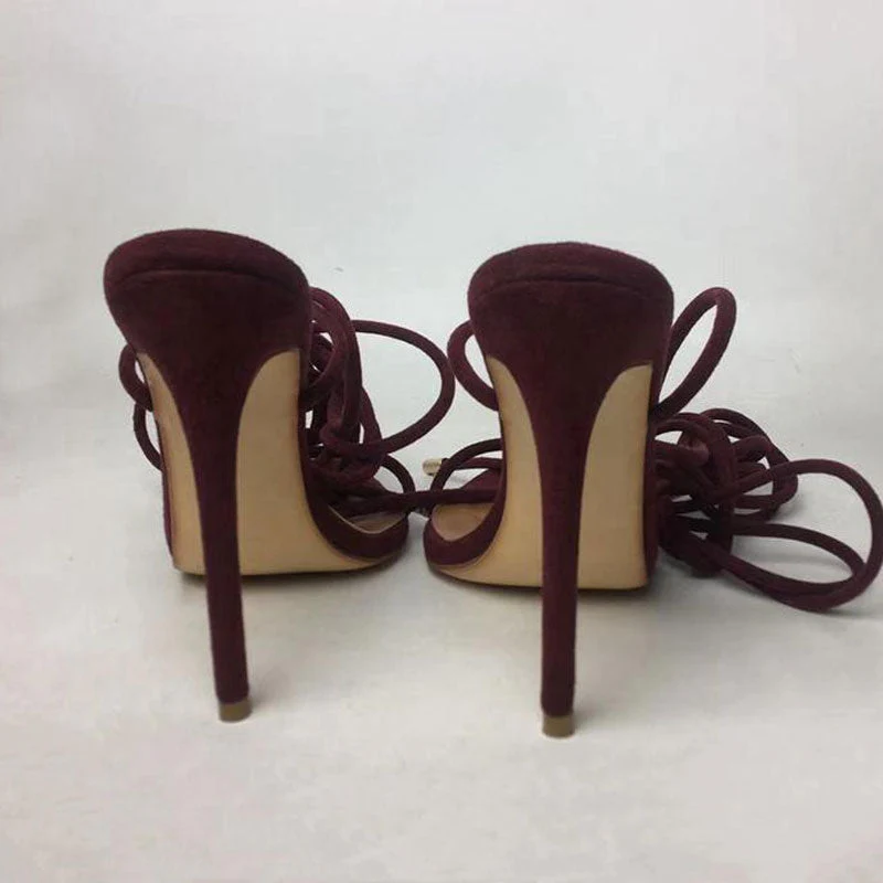 Strappy Lace Up Ankle Tie Pointed Toe Suede Heeled Sandals - Burgundy - Image 4