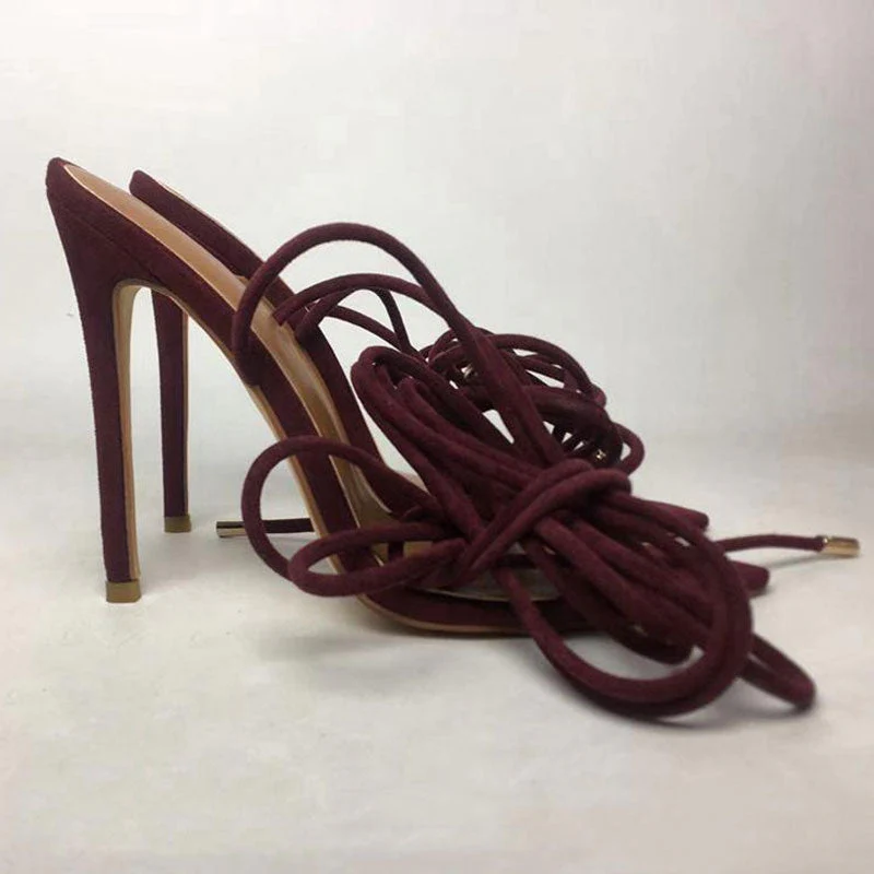 Strappy Lace Up Ankle Tie Pointed Toe Suede Heeled Sandals - Burgundy - Image 5