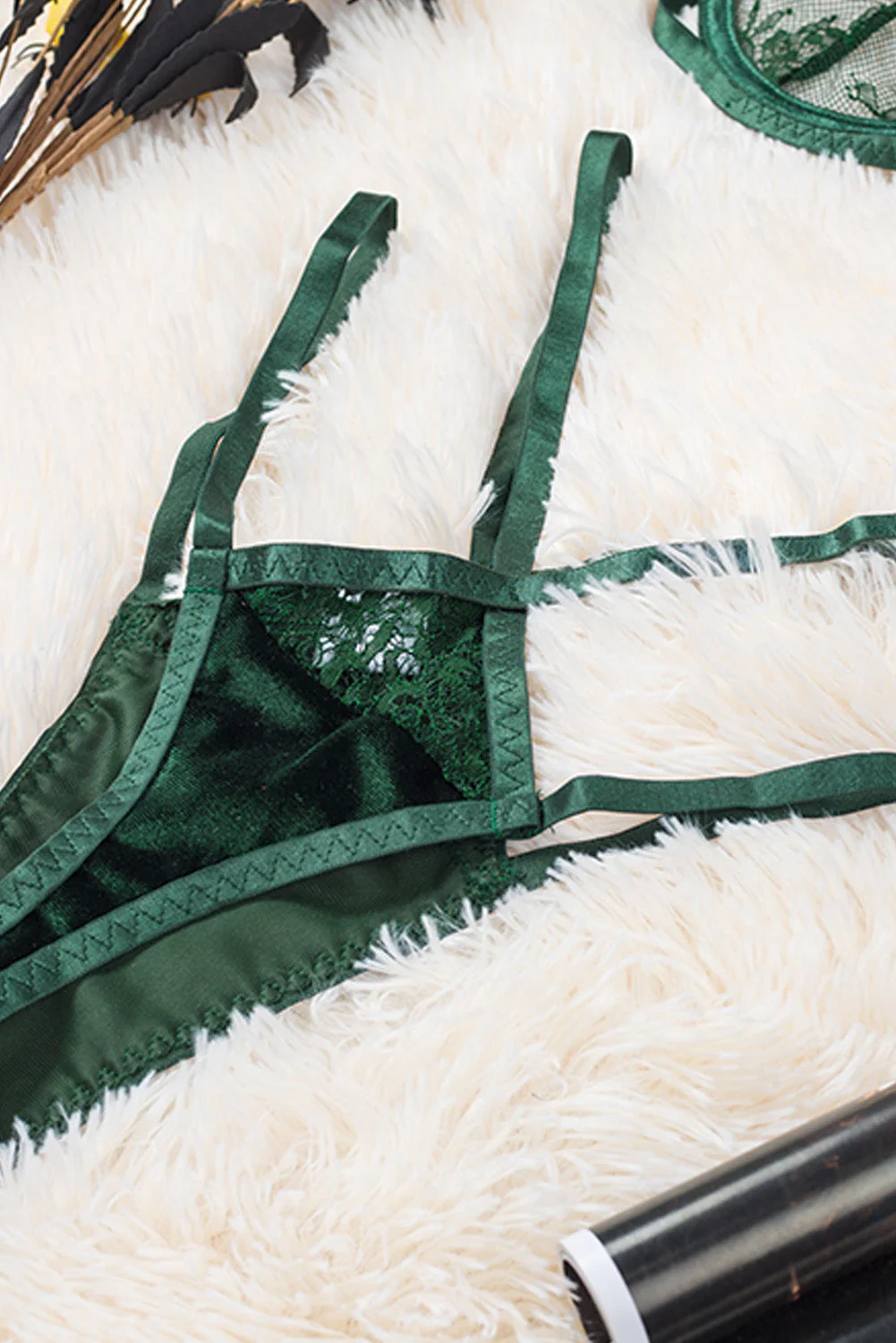 Strappy Velvet Patchwork Lace Bra And Panty Set - Image 13