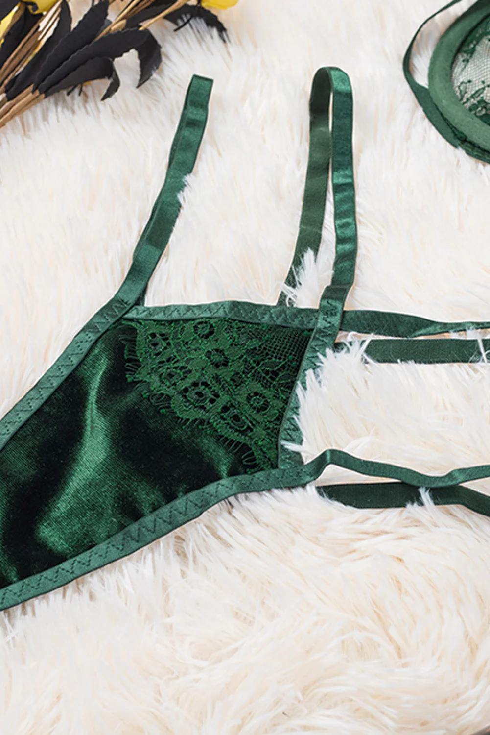 Strappy Velvet Patchwork Lace Bra And Panty Set - Image 17