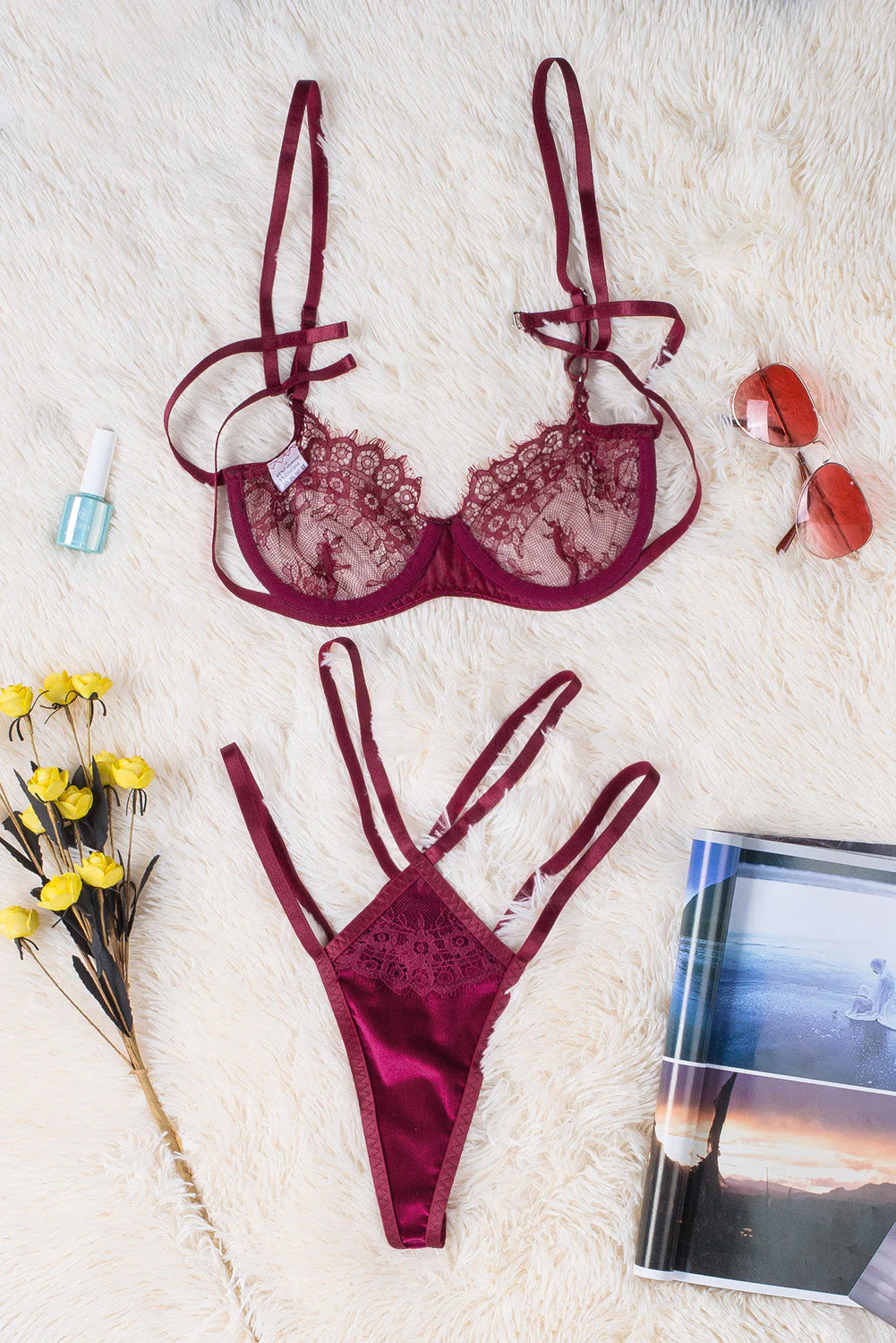 Strappy Velvet Patchwork Lace Bra And Panty Set - Image 25