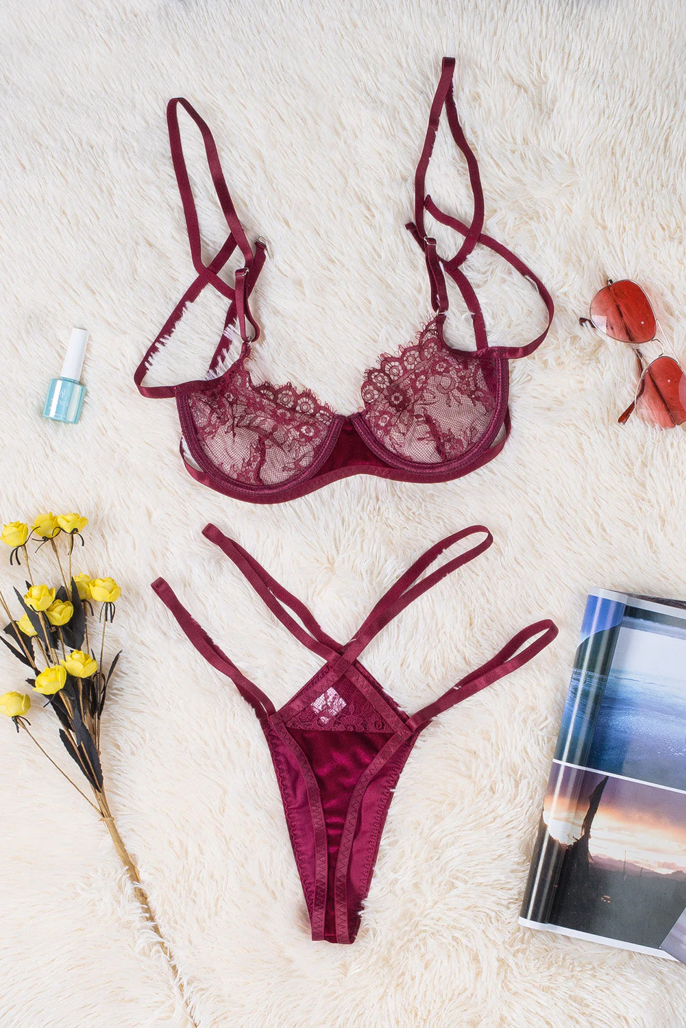 Strappy Velvet Patchwork Lace Bra And Panty Set - Image 26