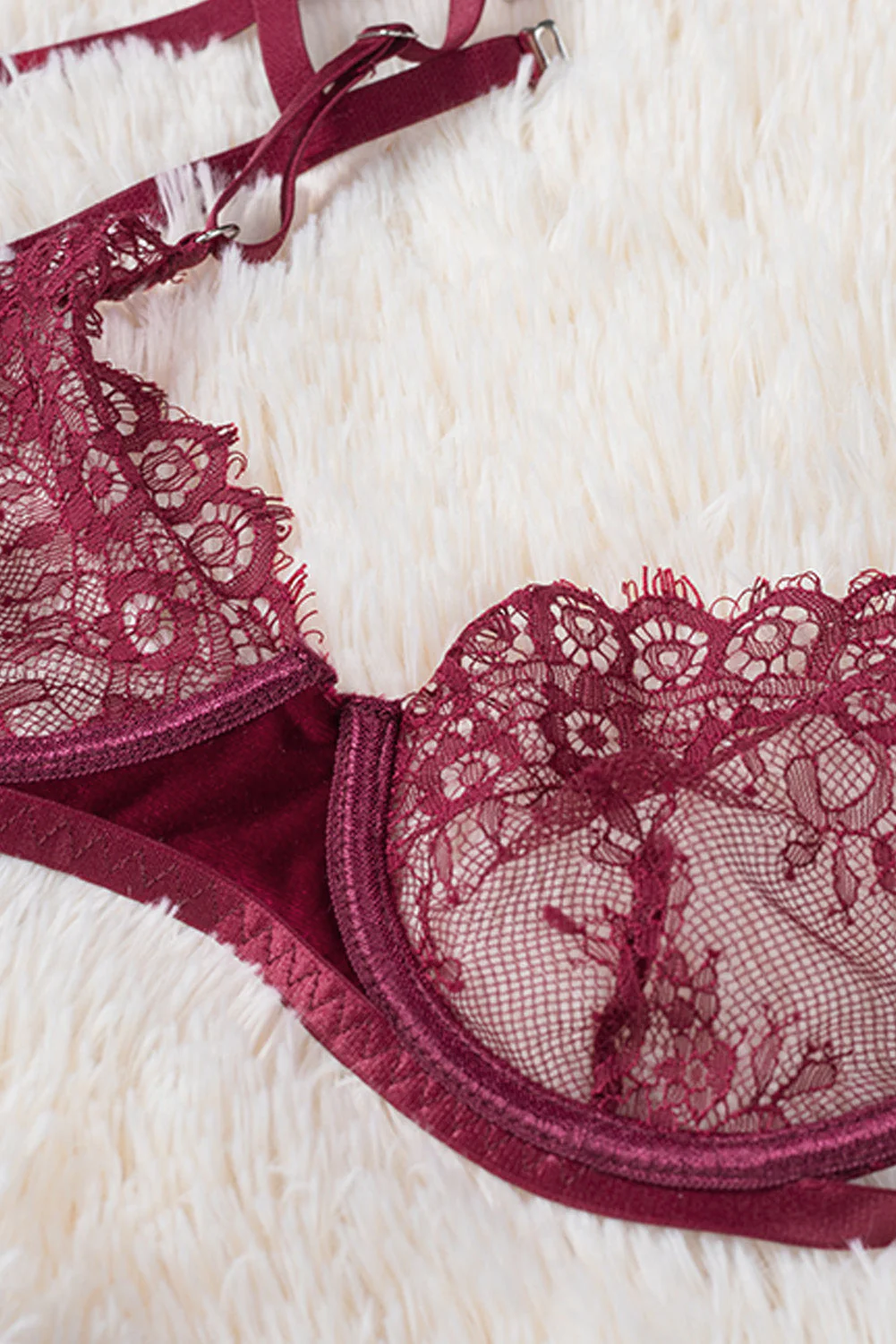 Strappy Velvet Patchwork Lace Bra And Panty Set - Image 35