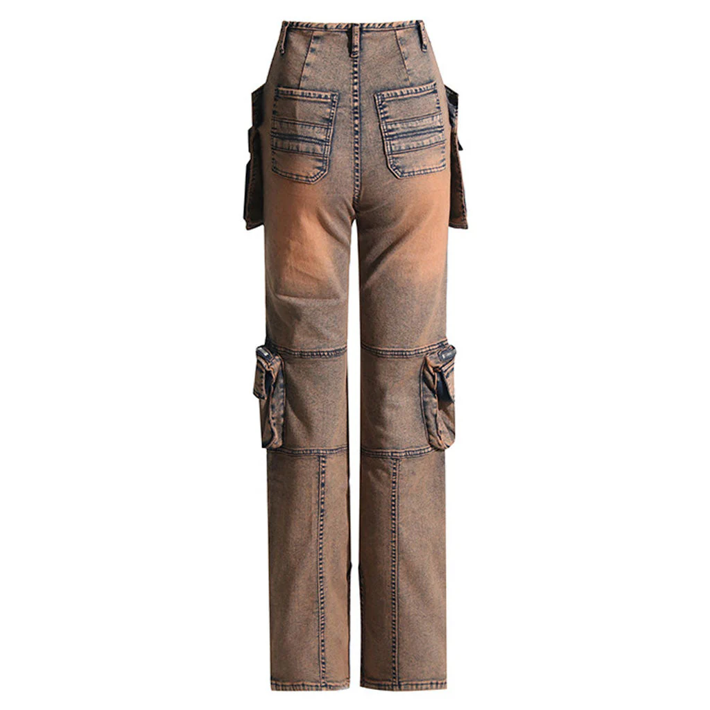 Street Distressed Flap Pocket Zipper Split Hem Straight Leg Cargo Jeans - Image 2