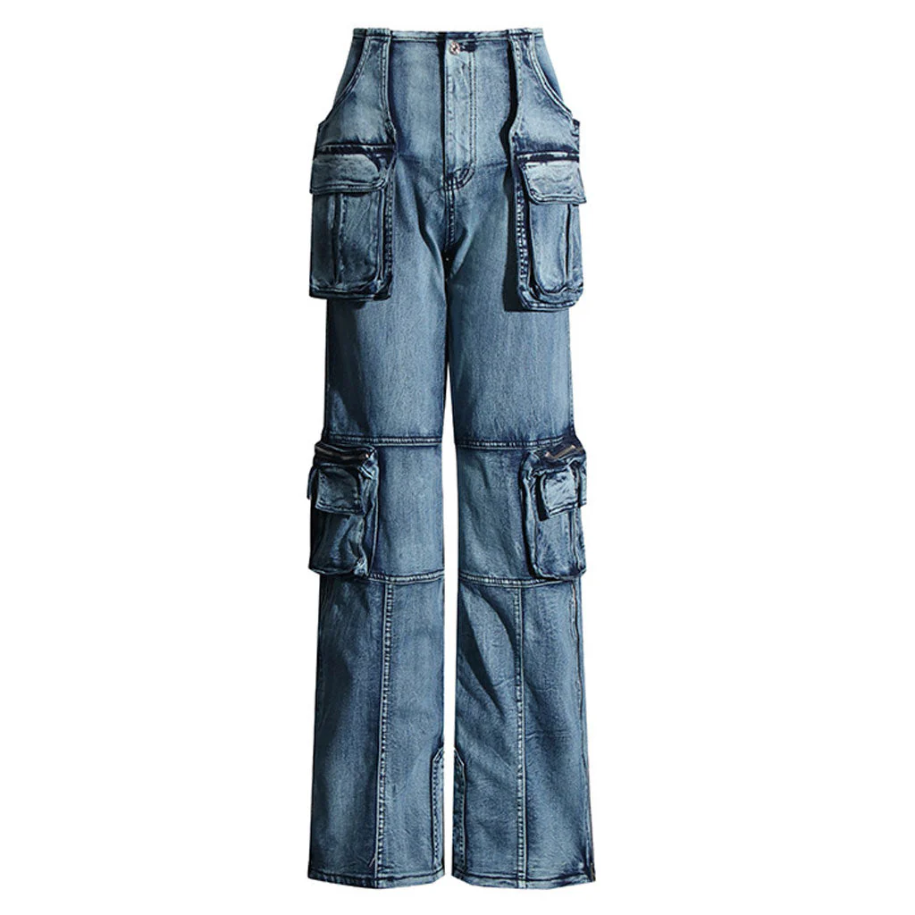 Street Distressed Flap Pocket Zipper Split Hem Straight Leg Cargo Jeans - Image 3