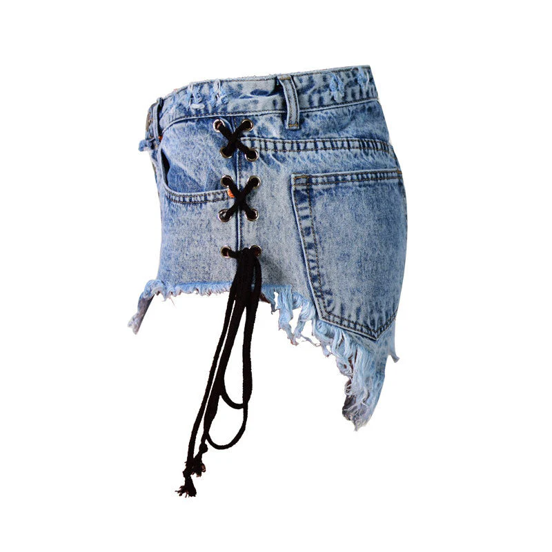 Street High Waist Lace Up Button Down Frayed Denim Shorts - Blue - Image 3