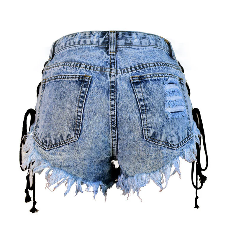 Street High Waist Lace Up Button Down Frayed Denim Shorts - Blue - Image 4
