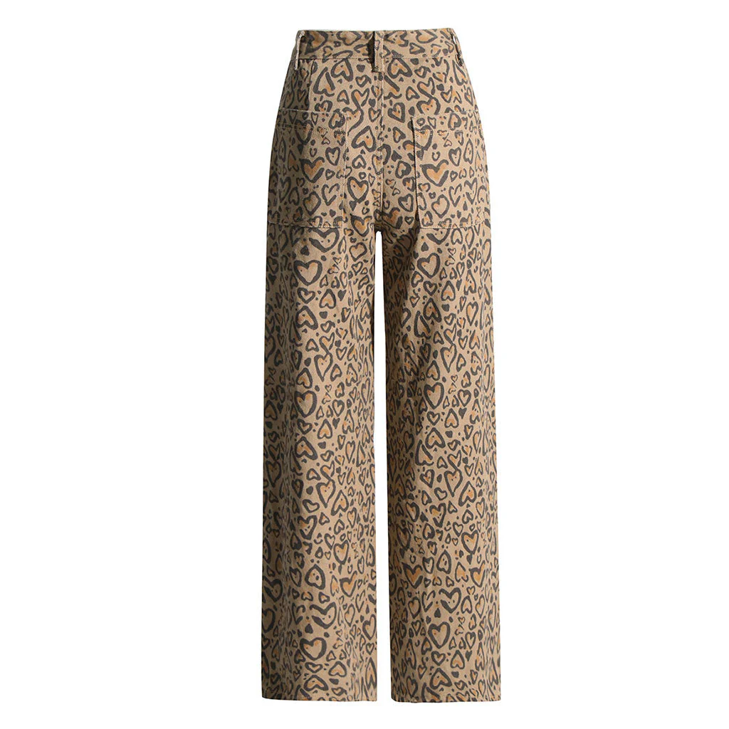 Street Leopard Crystal Embellished CutOut High Waist Straight Leg Denim Jeans - Image 3
