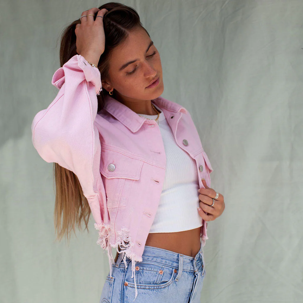 Street Long Sleeve Button Up Frayed Crop Denim Jacket - Pink - Image 3
