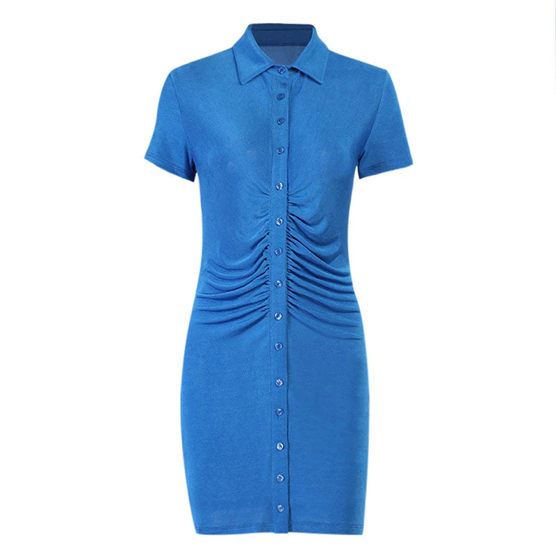 Street Point Collar Button Down Ruched Sweater Mini Dress - Blue - Image 3