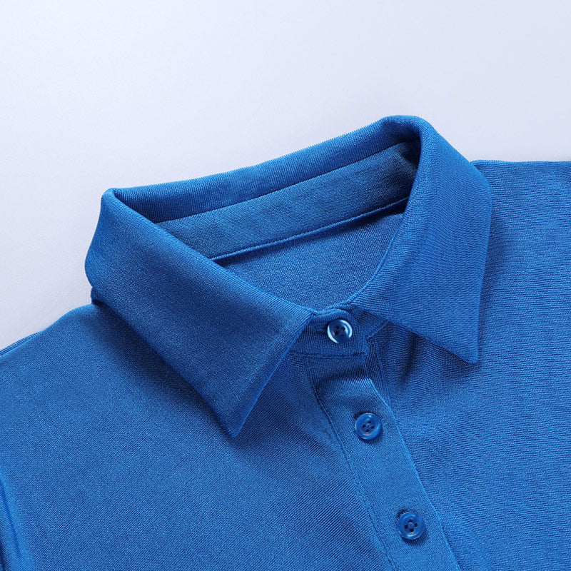 Street Point Collar Button Down Ruched Sweater Mini Dress - Blue - Image 4
