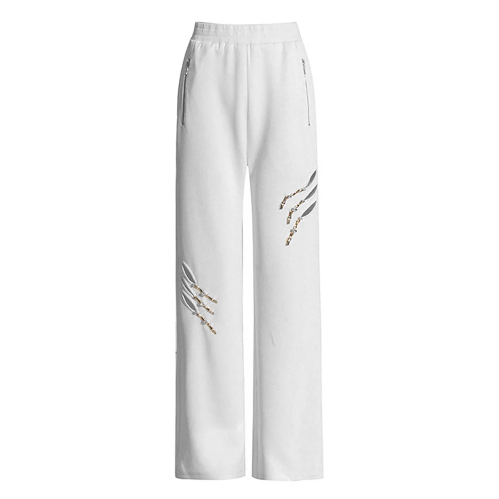 Street Rhinestone Skeleton Claw Cut Out High Waist Straight Leg Pants - Image 4