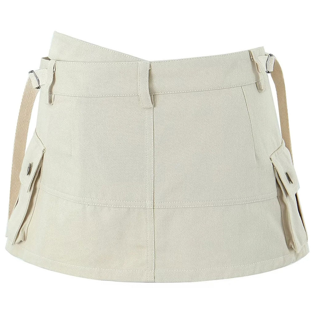 Street Style Asymmetric Strappy Solid Color Studded Cargo Pocket Mini Skort - Image 2