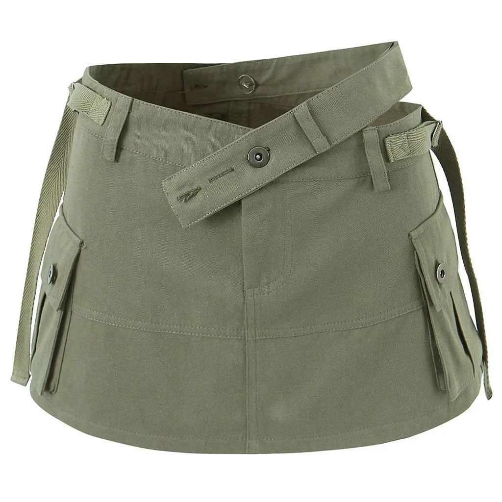 Street Style Asymmetric Strappy Solid Color Studded Cargo Pocket Mini Skort - Image 3