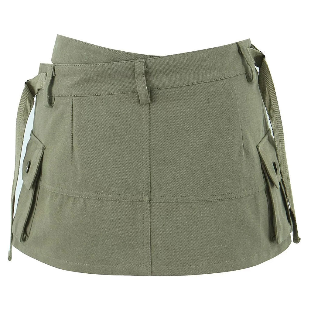 Street Style Asymmetric Strappy Solid Color Studded Cargo Pocket Mini Skort - Image 4