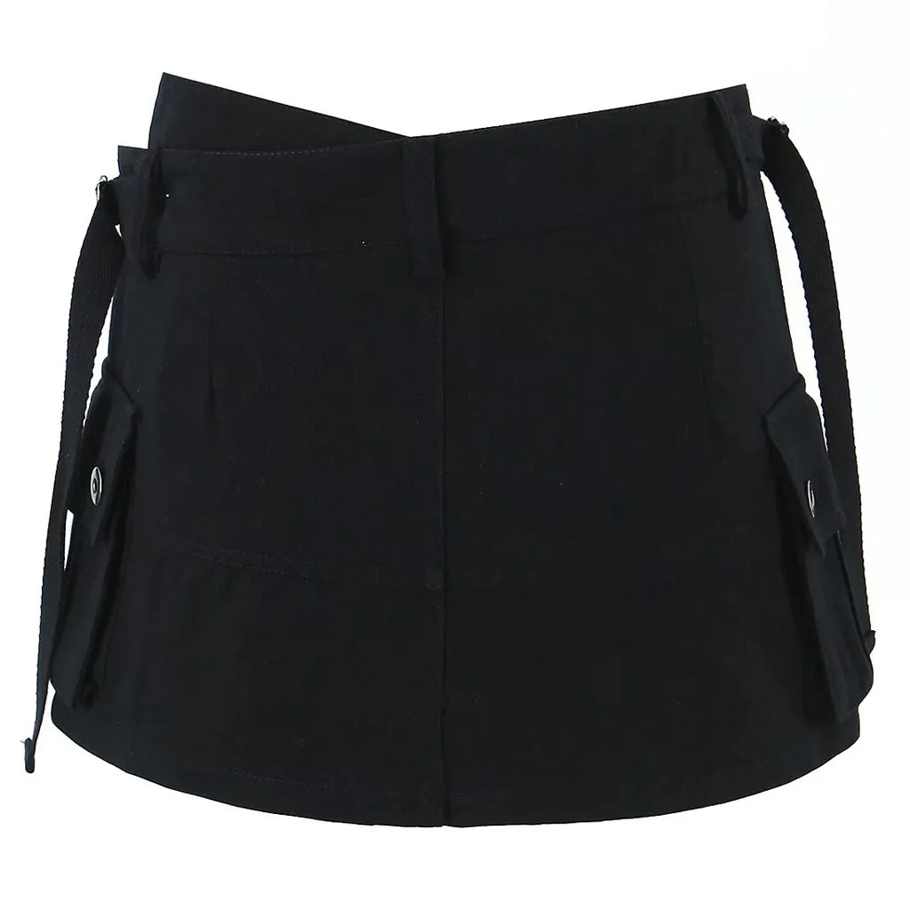 Street Style Asymmetric Strappy Solid Color Studded Cargo Pocket Mini Skort - Image 6