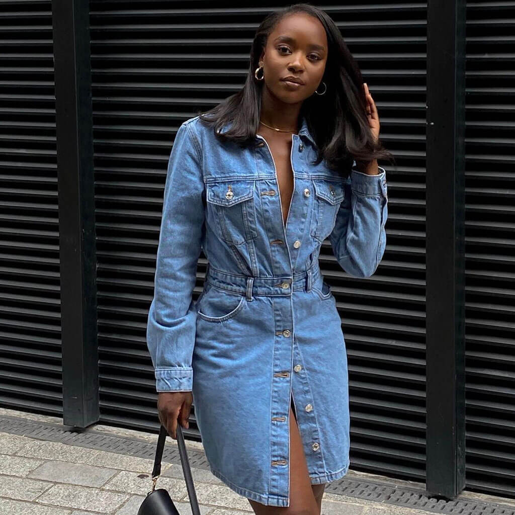 Street Style Button Down Long Sleeve Denim Midi Dress - Blue - Image 3