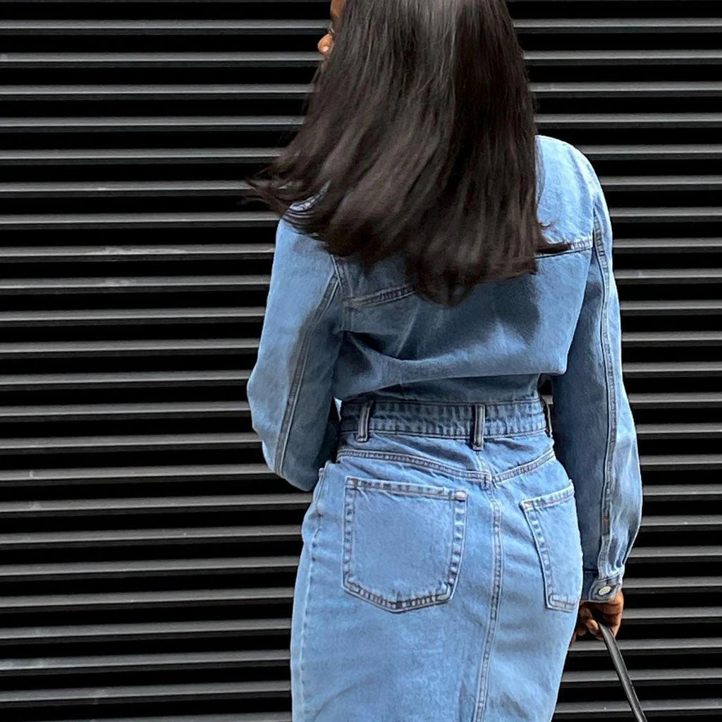 Street Style Button Down Long Sleeve Denim Midi Dress - Blue - Image 4