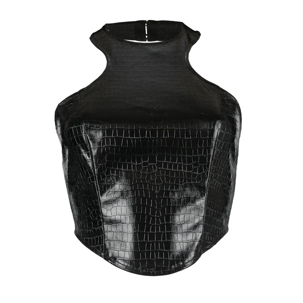 Street Style Croco Embossed Halter Neck Crop Leather Top - Black - Image 2
