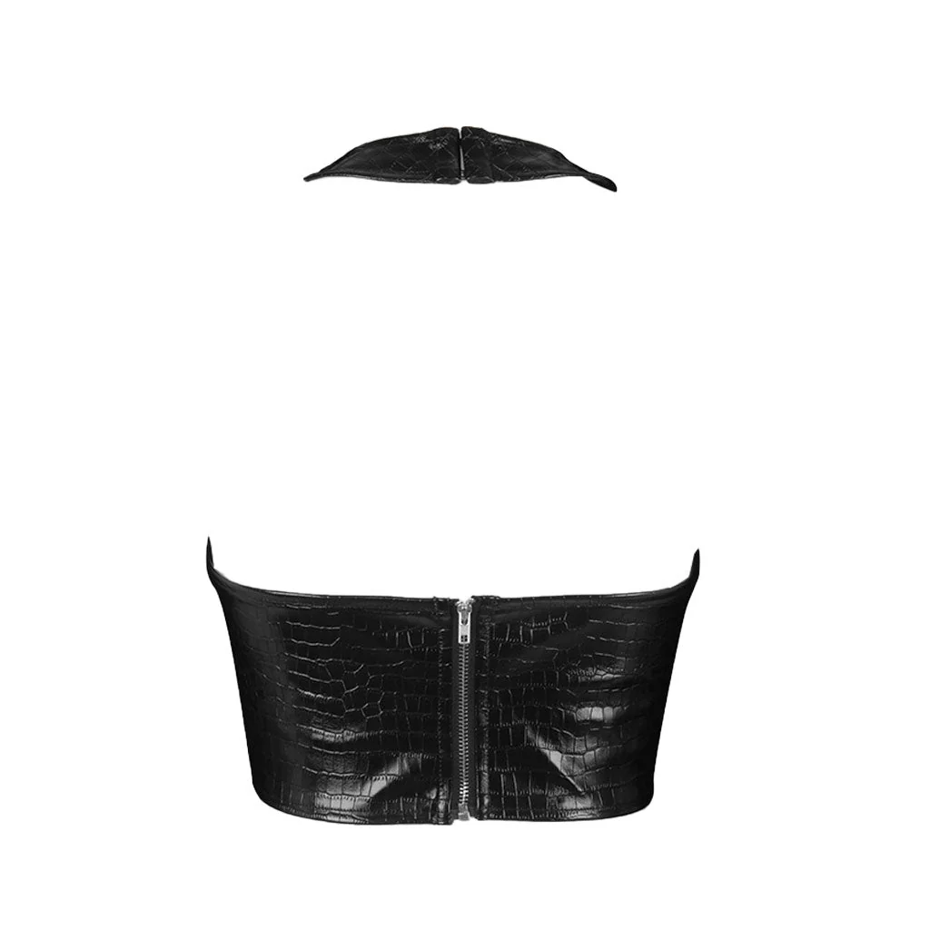 Street Style Croco Embossed Halter Neck Crop Leather Top - Black - Image 3