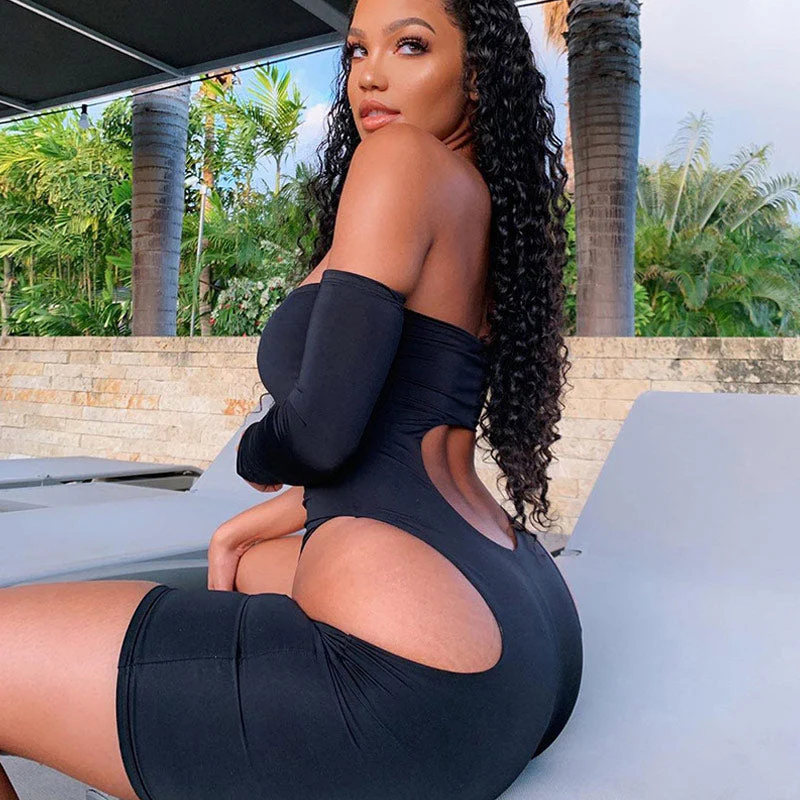 Street Style Cutout Side One Shoulder Long Sleeve Romper - Black - Image 2