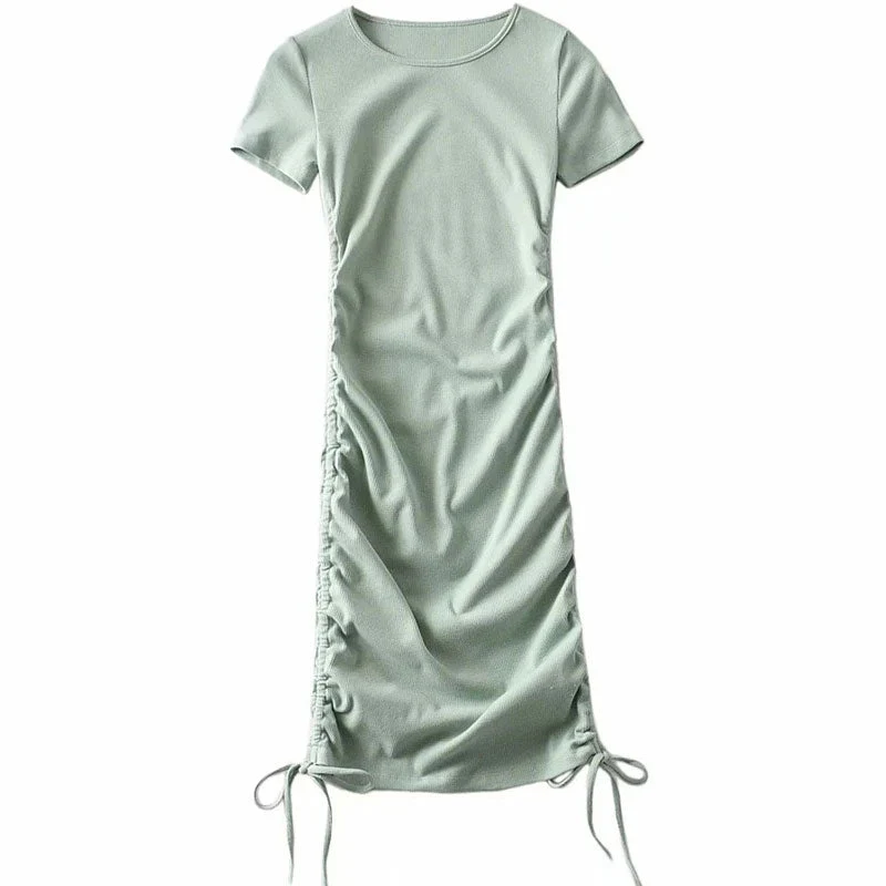 Street Style Drawstring Side Rib Knit Mini Dress - Sage Green - Image 2