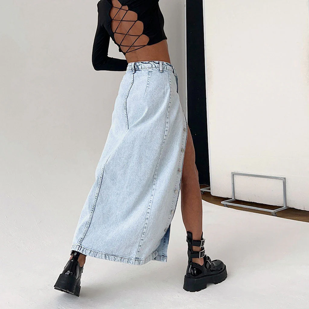 Street Style Faded Wash Button Front Split High Waist Midi Denim Skirt - Image 3