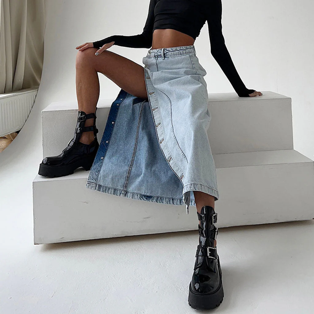 Street Style Faded Wash Button Front Split High Waist Midi Denim Skirt - Image 4