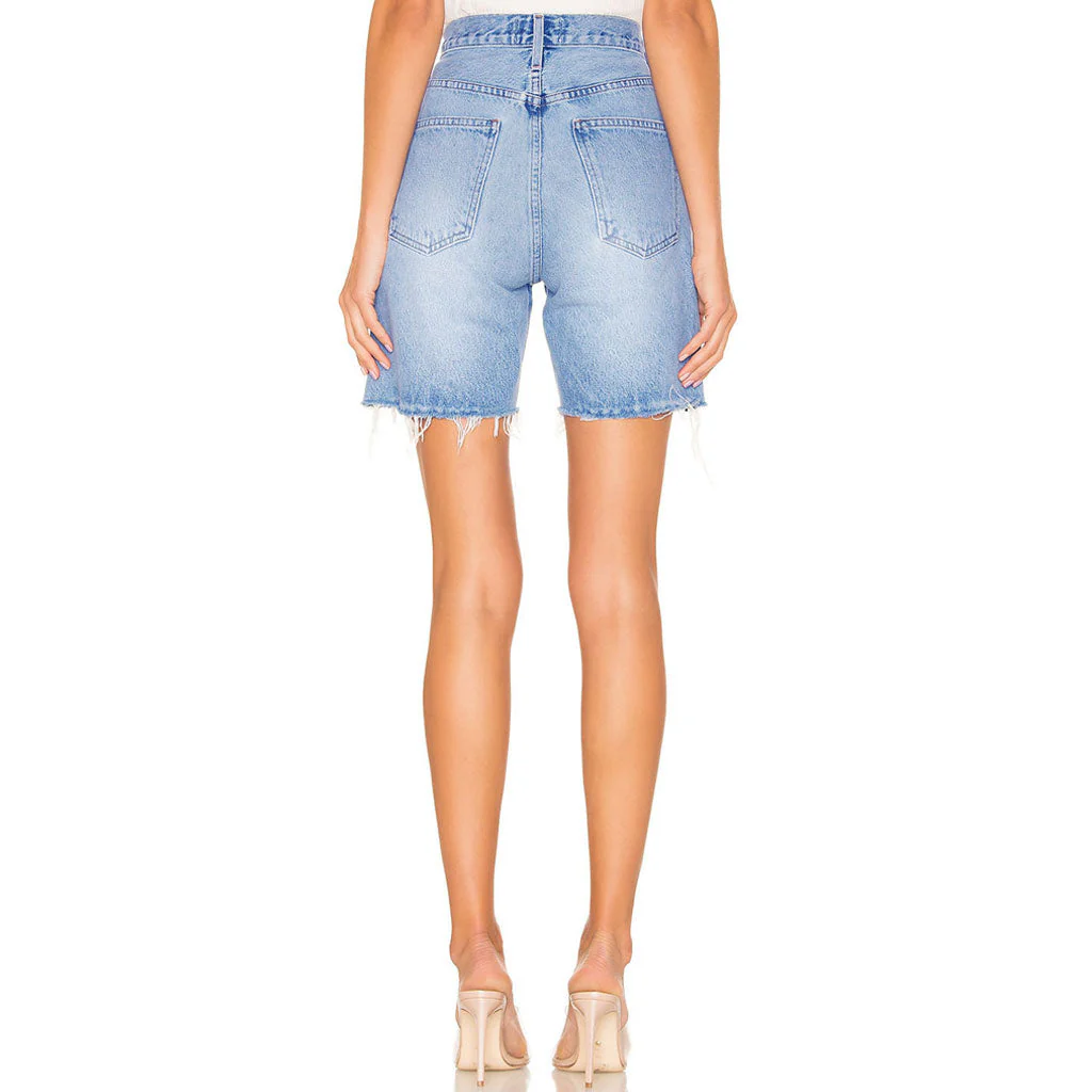 Street Style High Waist Frayed Bermuda Denim Shorts - Blue - Image 3