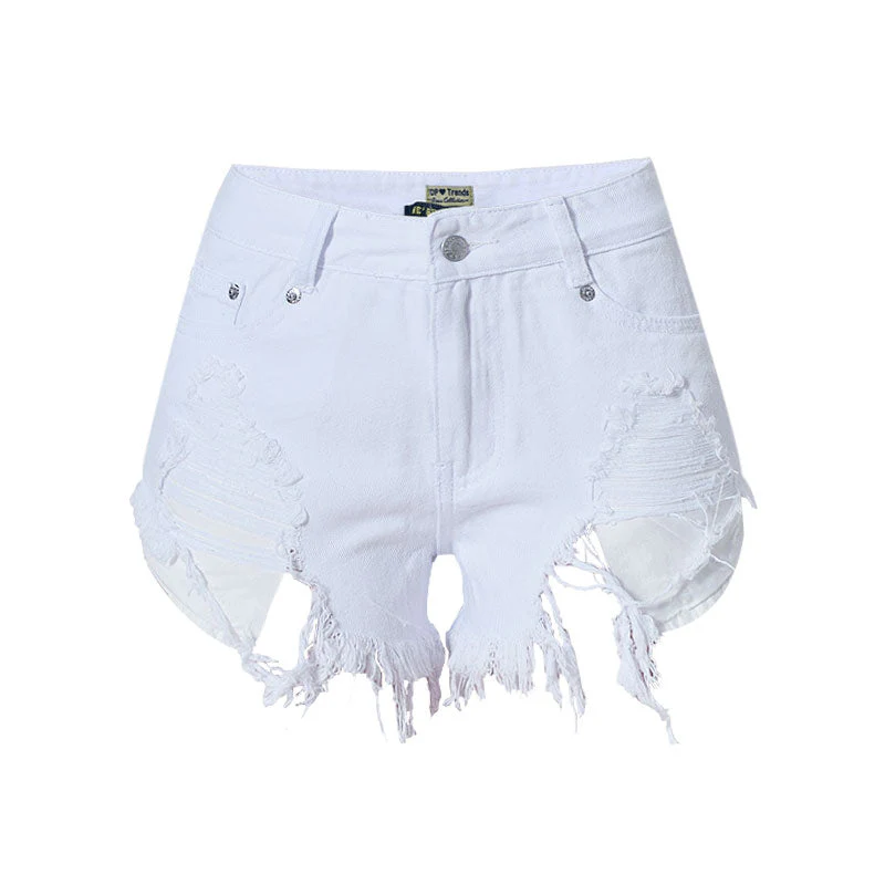 Street Style High Waist Frayed Distressed Denim Shorts - White - Image 4