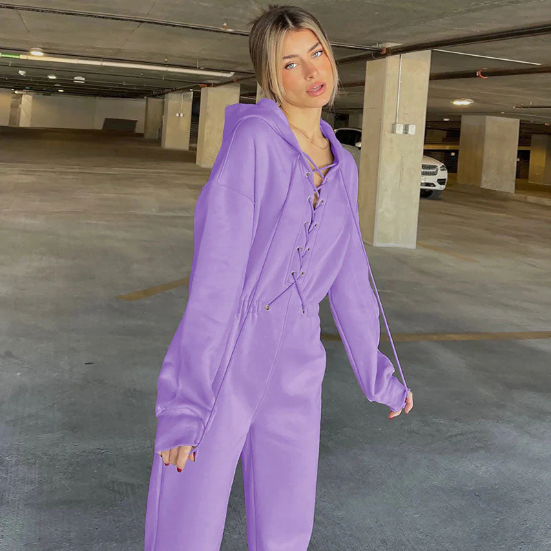 Street Style Lace Up Hooded Drop Shoulder Long Sleeve Jumpsuit - Purple - Image 2