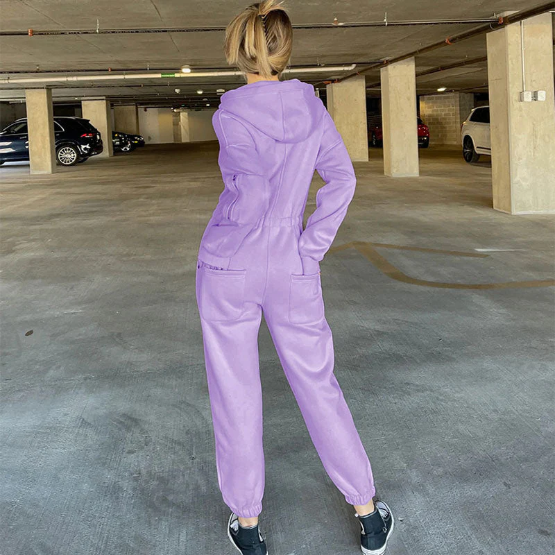 Street Style Lace Up Hooded Drop Shoulder Long Sleeve Jumpsuit - Purple - Image 3