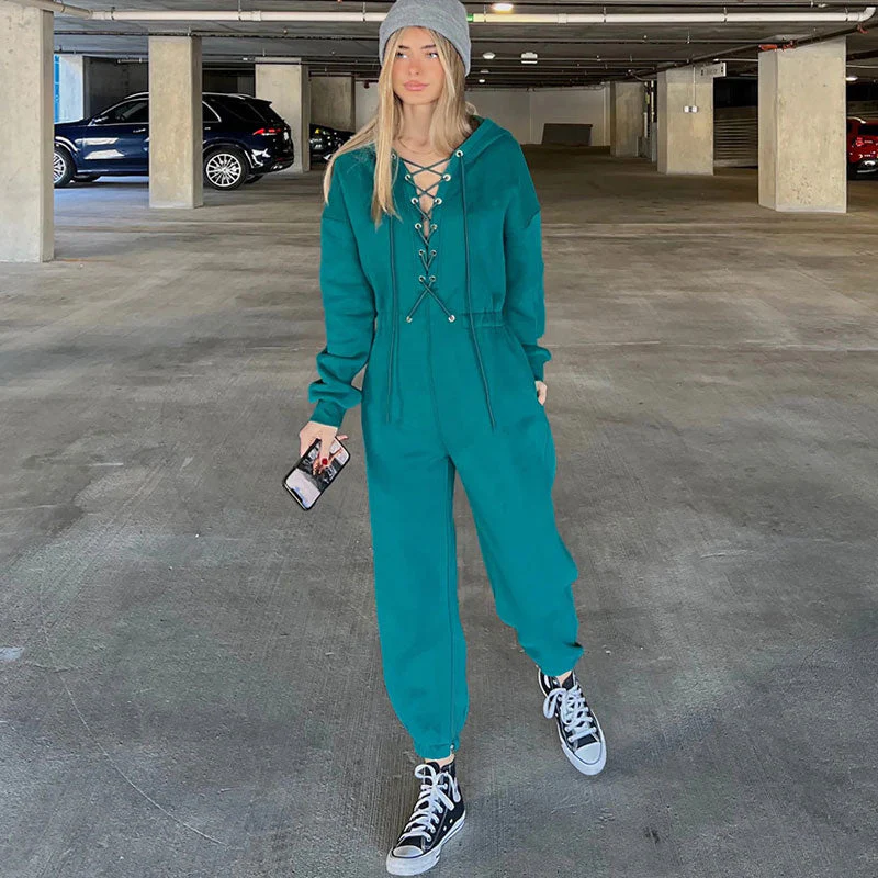 Street Style Lace Up Hooded Drop Shoulder Long Sleeve Jumpsuit - Turquoise - Image 2