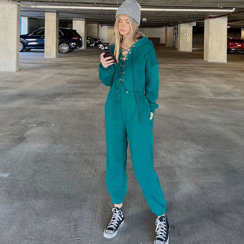 Street Style Lace Up Hooded Drop Shoulder Long Sleeve Jumpsuit - Turquoise - Image 3