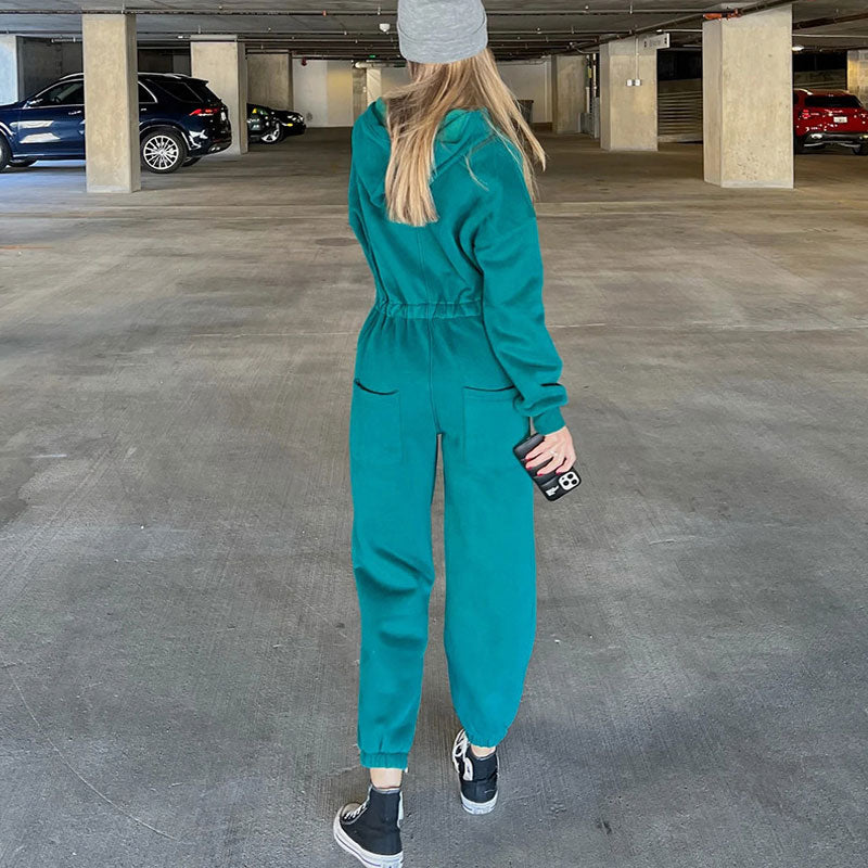 Street Style Lace Up Hooded Drop Shoulder Long Sleeve Jumpsuit - Turquoise - Image 4
