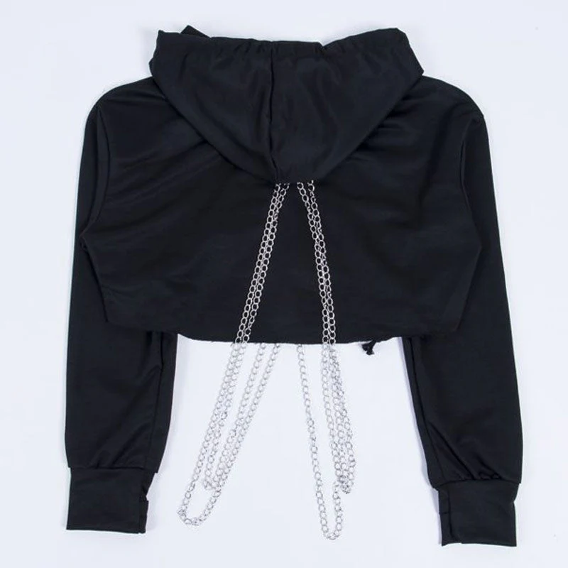 Street Style Metallic Chain Drop Shoulder Long Sleeve Cropped Hoodie - Black - Image 3