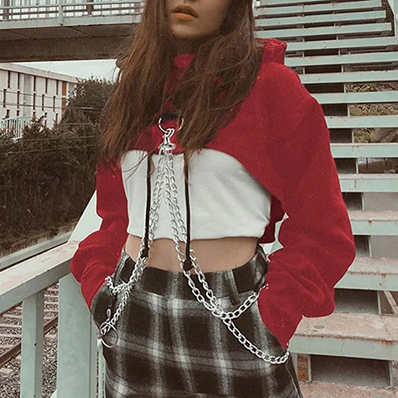 Street Style Metallic Chain Drop Shoulder Long Sleeve Cropped Hoodie - Red - Image 3