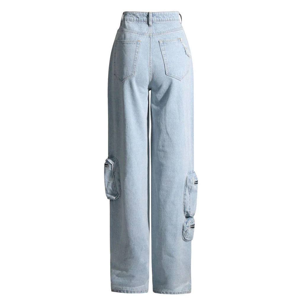 Street Style Multiple Pocket Wide Leg High Waist Cargo Jeans - Image 2
