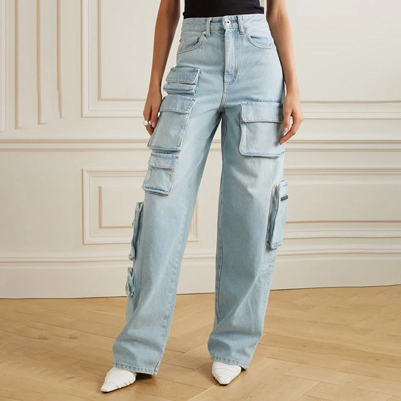 Street Style Multiple Pocket Wide Leg High Waist Cargo Jeans - Image 3
