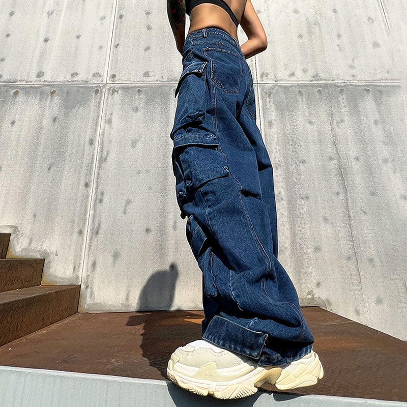 Street Style Panel Trim Patch Pocket Oversized Cargo Jeans - Blue - Image 3