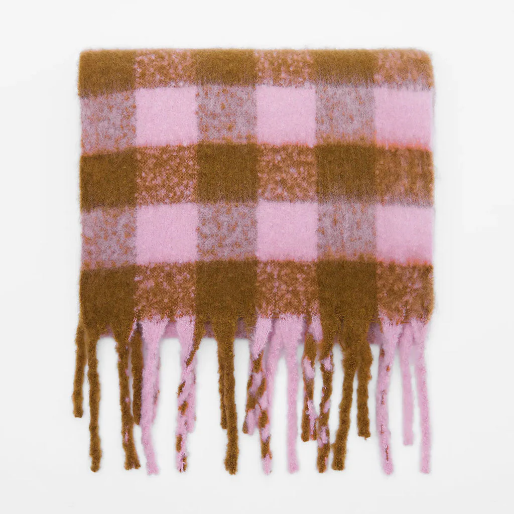 Street Style Two Tone Brushed Fringe Narrow Plaid Scarf - Pink - Image 2