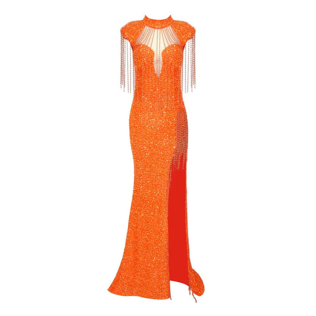 Striking High Neck Fringe Cap Sleeve Sequin Mesh High Split Maxi Evening Dress - Image 5