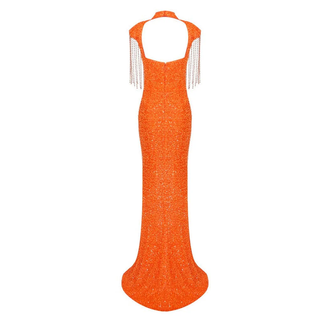 Striking High Neck Fringe Cap Sleeve Sequin Mesh High Split Maxi Evening Dress - Image 6