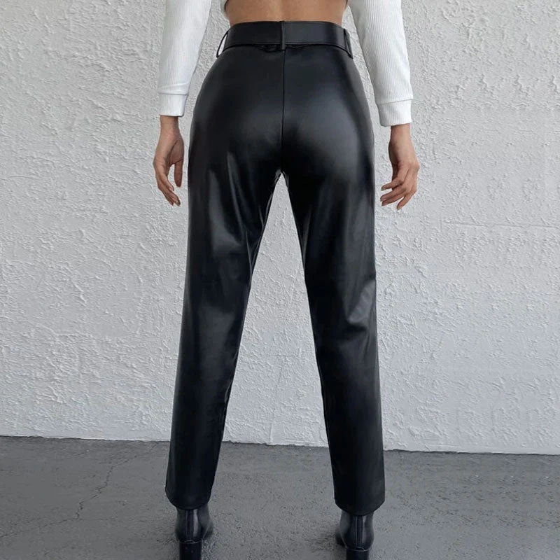 Striking High Waist Buckle Trim Side Pocket Vegan Leather Pants - Black - Image 3