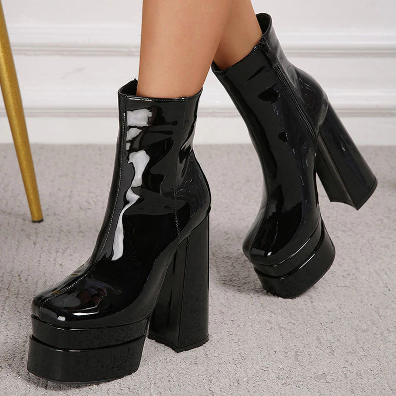 Striking Patent Leather Chunky High Heel Platform Ankle Boots - Black - Image 2