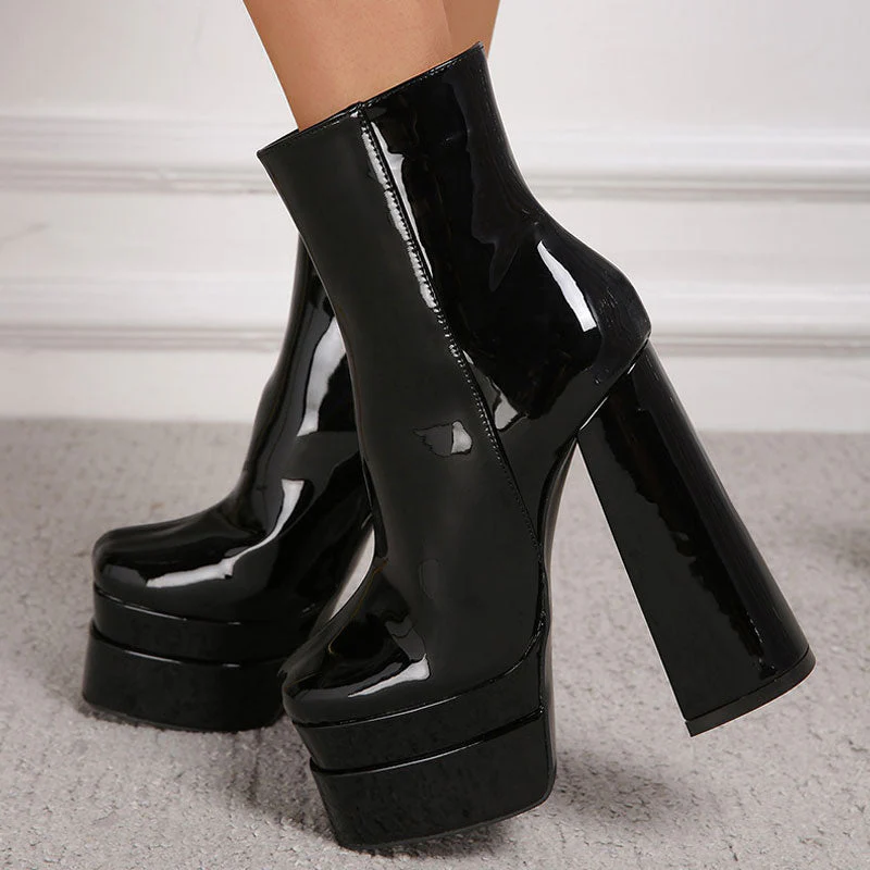Striking Patent Leather Chunky High Heel Platform Ankle Boots - Black - Image 3