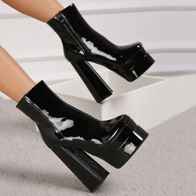 Striking Patent Leather Chunky High Heel Platform Ankle Boots - Black - Image 4
