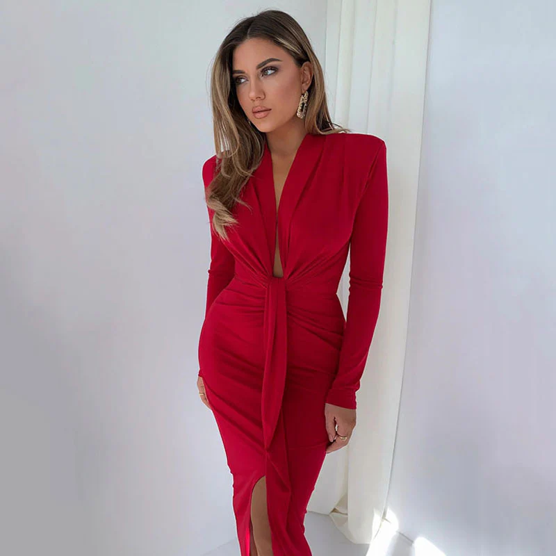 Striking Ruched Shoulder Pad Deep V Split Front Cocktail Maxi Dress - Red - Image 2