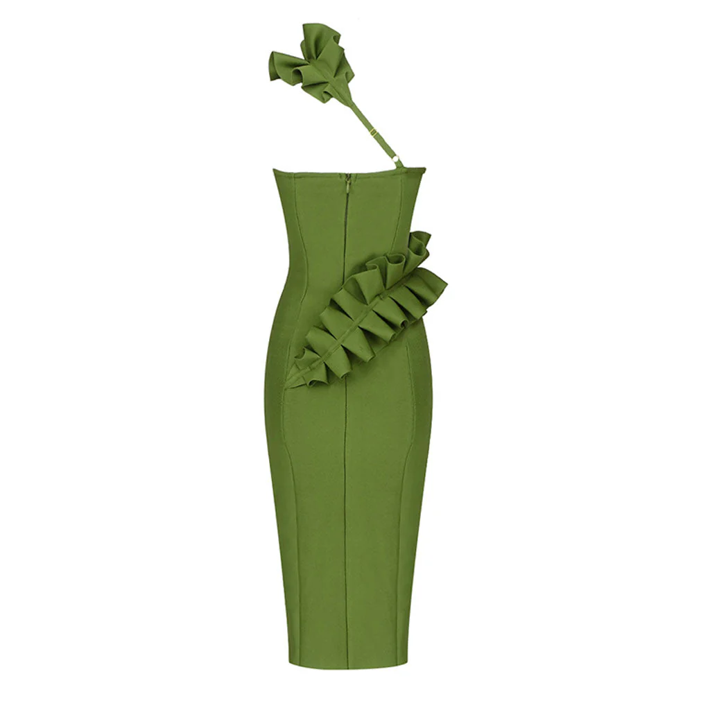 Striking Ruffle Detail One Shoulder Slit Bandage Midi Dress - Green - Image 4