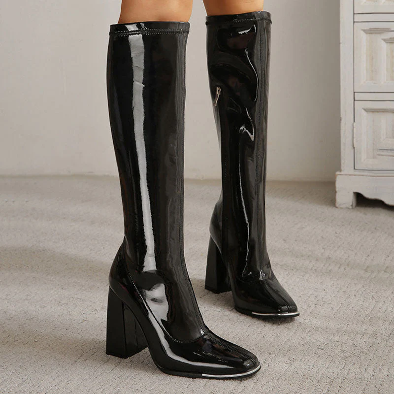 Striking Square Toe Patent Leather Block Heel Knee High Boots - Black - Image 4